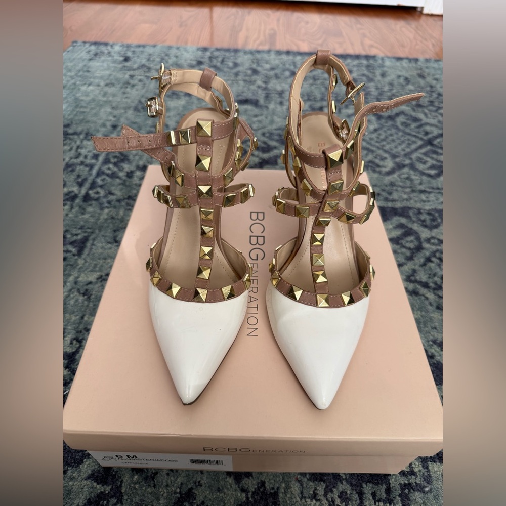 BCBGeneration Women's White and Tan Studded Heels